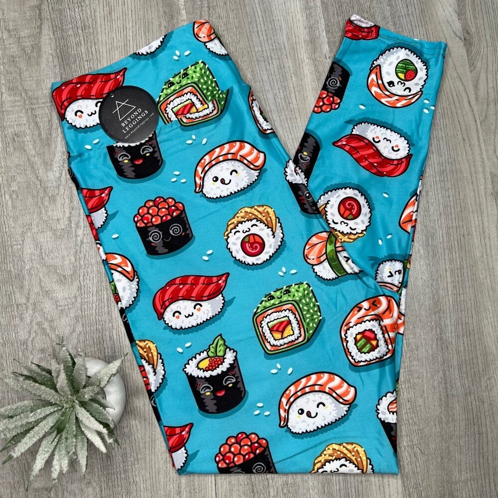 Kawaii Sushi Delight Print Blue Leggings with Yoga Band